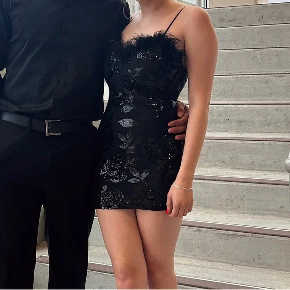 slim fit dress slacks Black Homecoming Dress Off The Shoulder Tight Short Prom Dress with Feathers Suzhoufashion